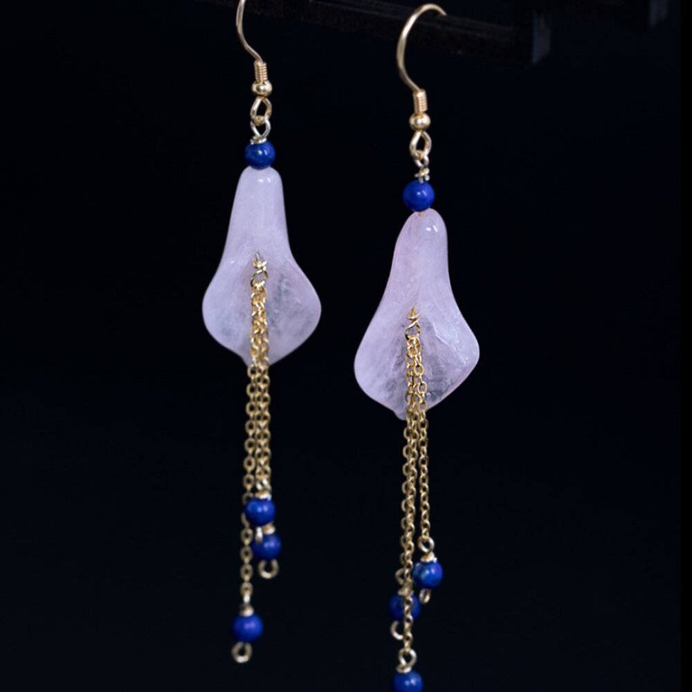 Natural Pink Quartz Dangle Earrings Natural Gemstone Flower Earrings For Her